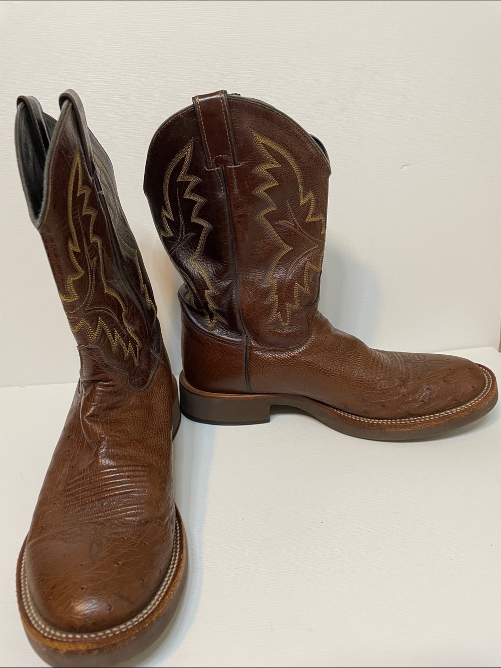 Justin Ostrich Print Brown Leather Cowboy Boots - Sz 11D